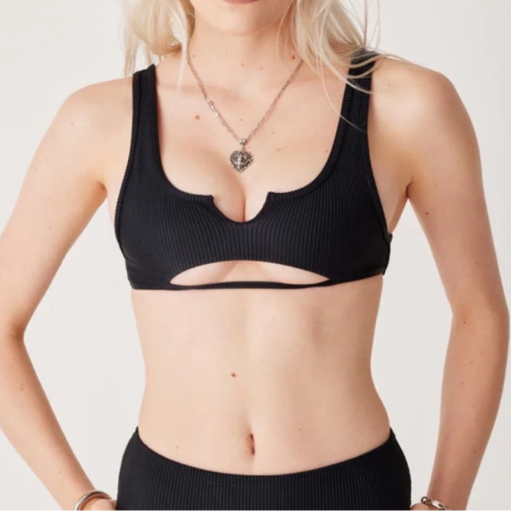 Frankie's Bikinis Black Ribbed Cutout Bikini (Medium Top + Small Bottom)